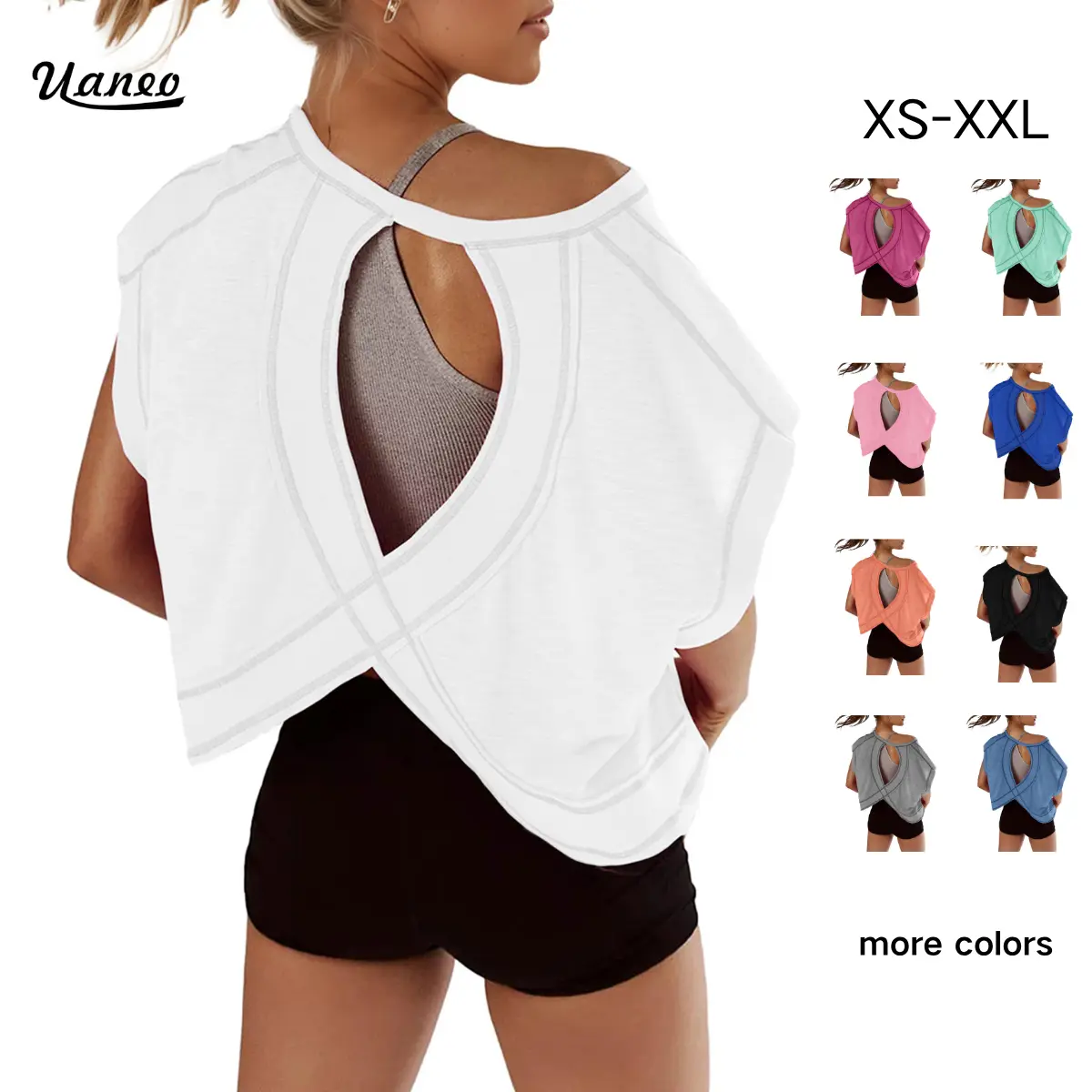 UANEO Women's Open Back Y2K Oversized Short Sleeve Slouchy Crop Running Teees, Breathable Sportswear Top,Women's Clothes for Yoga, Gym,Beachoutfits，