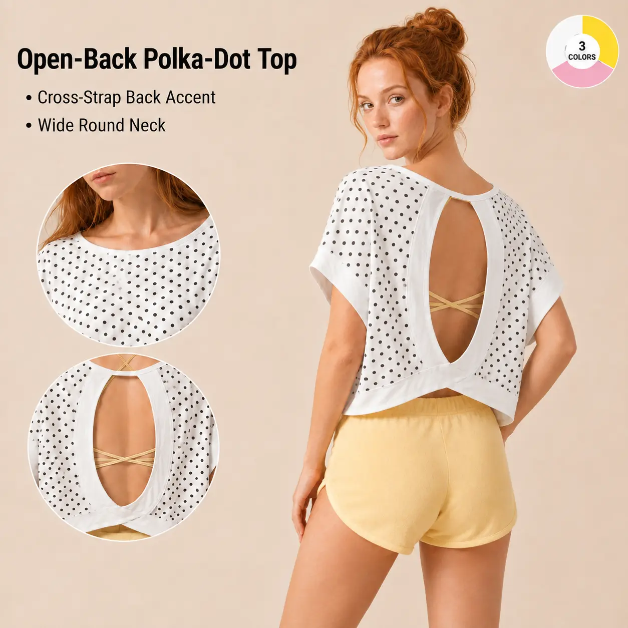 Women's Polka Dot Workout Crop Top, Loose Fit Dolman Short Sleeve Lightweight Athletic Top for Yoga Gym