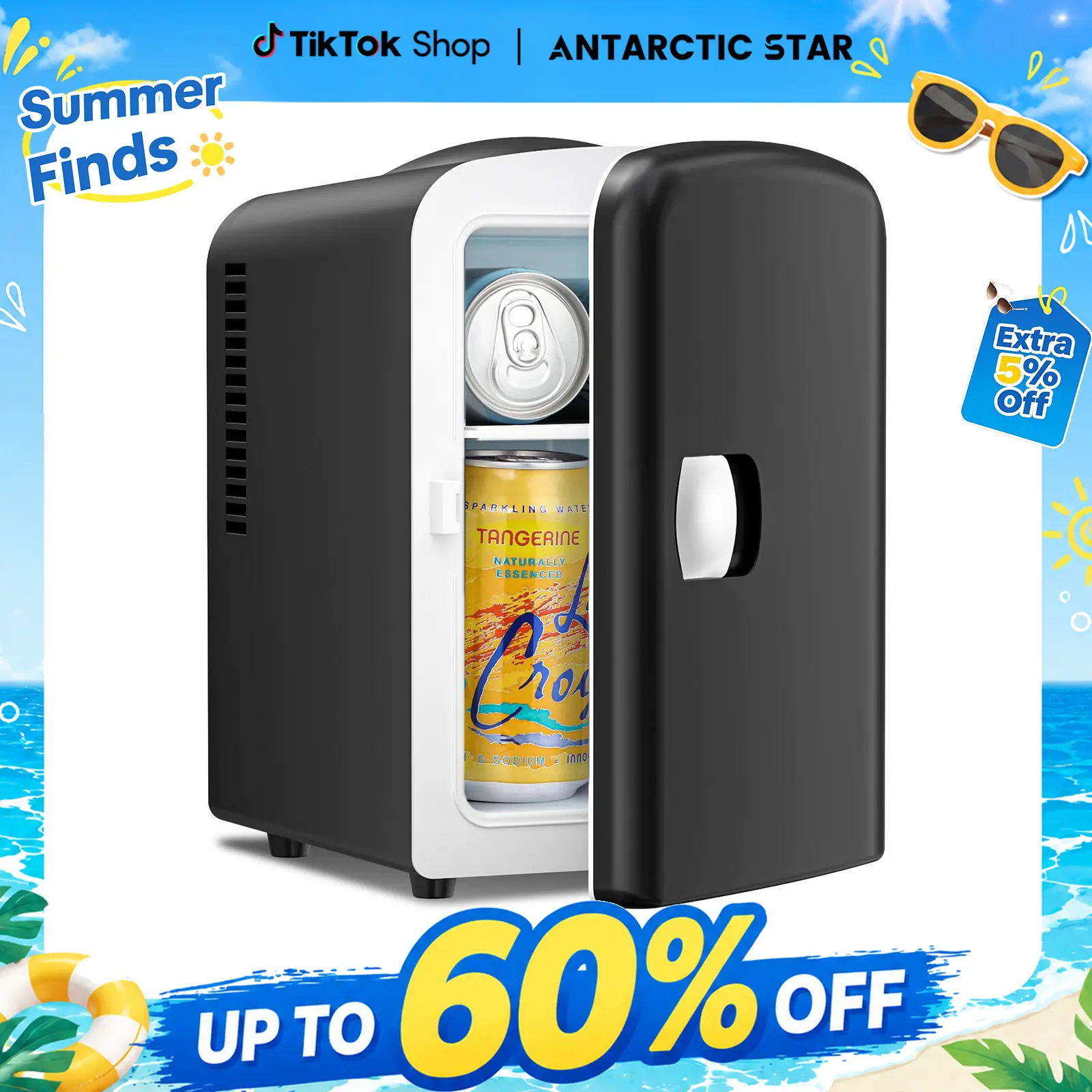 Antarctic Star Compact Refrigerator, Portable Mini Fridge, 4L Capacity/6 Cans,12oz, Portable Small Refrigerator for Cosmetics, Skin Care and Food , Ideal for Bedroom, Car, Office & Dorm,100% Freon-Free & Eco Friendly