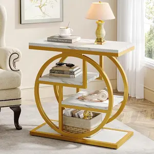 Tribesigns End Table for Living Room, Modern Faux Marble Narrow Side Table with Storage Shelves, 4-Tier Bedside Table for Bedroom, Small Sofa Side Table with Geometric Metal Frame (1 PC, White & Gold)