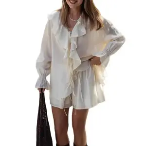 Summer 2025 New Fashion Lace-Up Flared Long-Sleeve Women’s Two-Piece Set – Solid Color, Casual Beach Vacation Style, Loose Fit, Minimalist Design