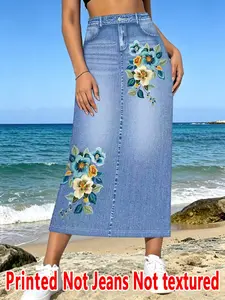 Women's Denim Print Long Skirt, High-Waisted Loose-Fit Casual Skirt, All-Over Print, Natural Waist, Spring & Summer Fashion