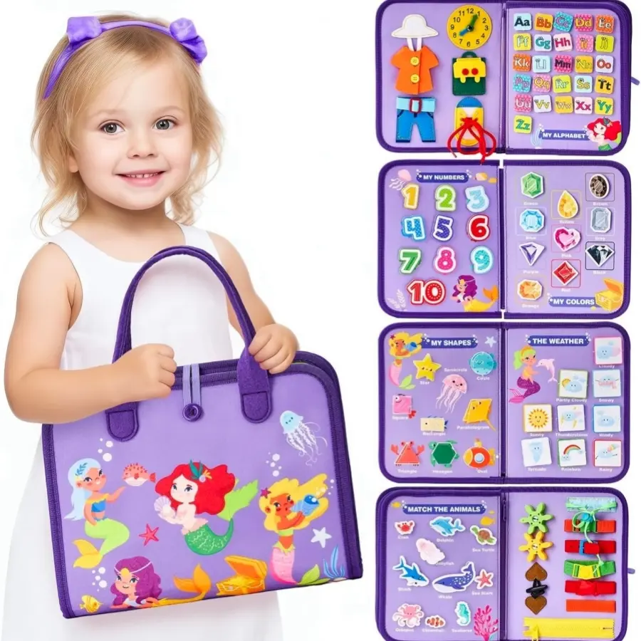 Montessori Busy Board for Toddlers, Mermaid-Themed Multi-Functional Activity Book with Alphabet, Numbers, Shapes, Life Skills Learning, Portable Travel Toy for Preschool Kids, Educational Sensory Toy Gift
