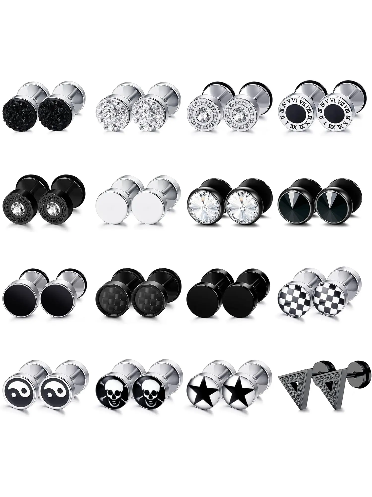 Cool 16 Pairs Black Silvery Hypoallergenic Trendy Earrings With Flat Backs Surgical Steel Flat Back Stud Earrings Set for Men Women for Sensitive Ear Round Gothic Earrings Earrings Studs Ear Accessories