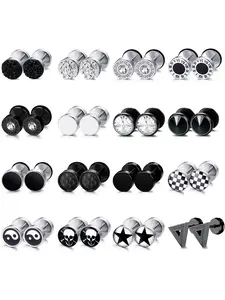 Cool 16 Pairs Black Silvery Hypoallergenic Trendy Earrings Surgical Steel Flat Back Stud Earrings for Men Women for Sensitive Ear Round Gothic Earrings