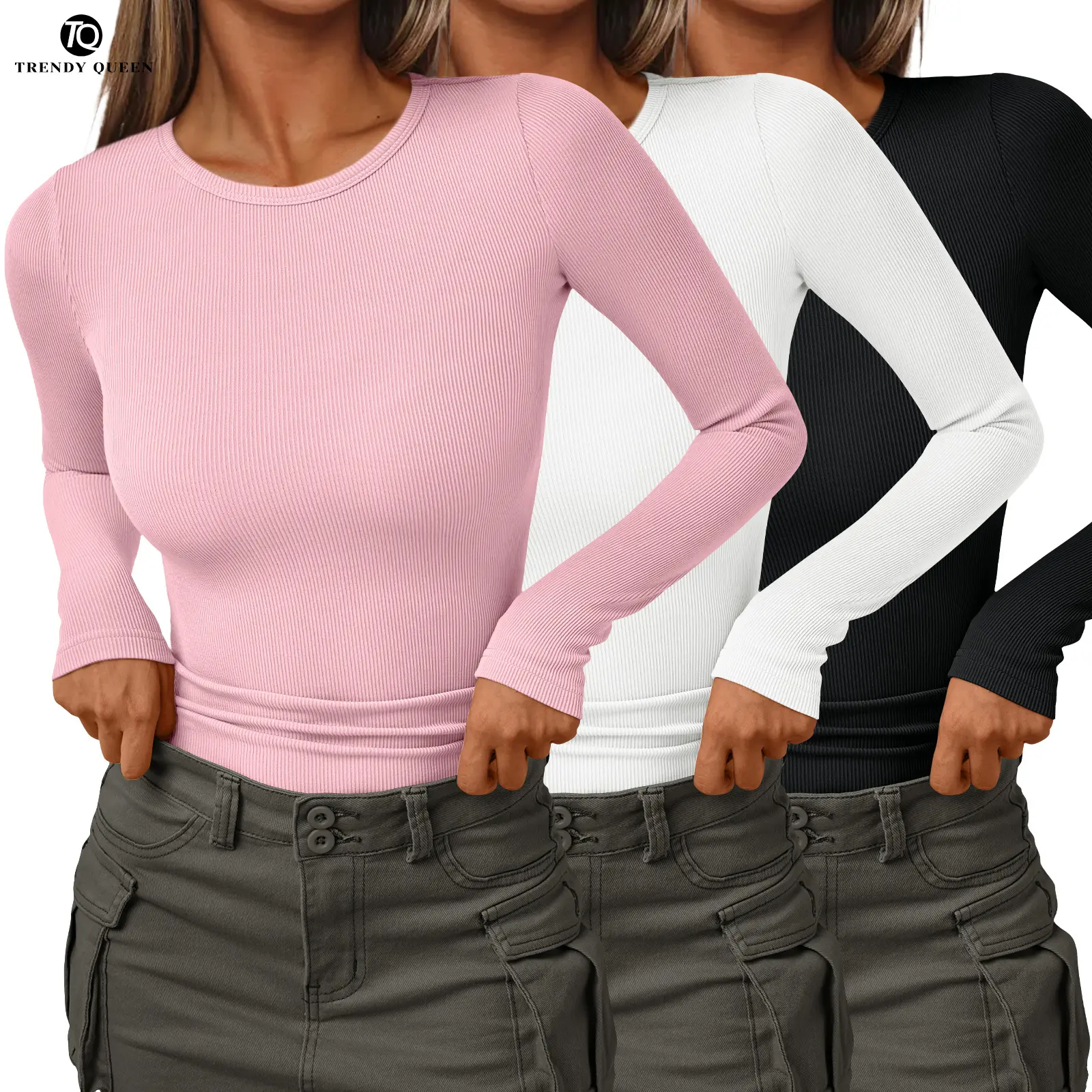Trendy Queen Womens 3 Piece Long Sleeve Shirts Basic Crop Tops Going Out Fall Fashion Underscrubs Layer Slim Fit Y2K