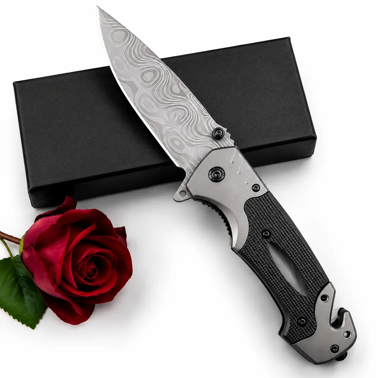 [Complimentary Maintenance Kit Included] Damascus-Pattern Folding EDC Multi-Functional Knife with Glass Breaker & Seatbelt Cutter, Non-Slip Nylon Fiber Handle, Versatile Tactical Outdoor Survival Pocket Tool, Portable Camping Gear & EDC Gift for Men
