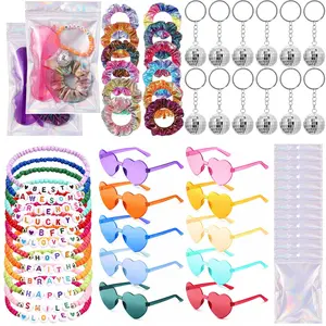 Mindow 60 Pcs Kpop Party Favors Popular Singer Party Friendship Gifts Bead Bracelets Disco Ball Keychains Heart Sunglasses Scrunchies Bags for Kpop Fans Women