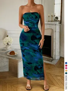 Lw Home Strapless Sleeveless Side Slit Dress, Perfect for Home Wear, Ideal for Summer, Casual Slim-Fitting All over Print Dress, Bodycon Summer Dress