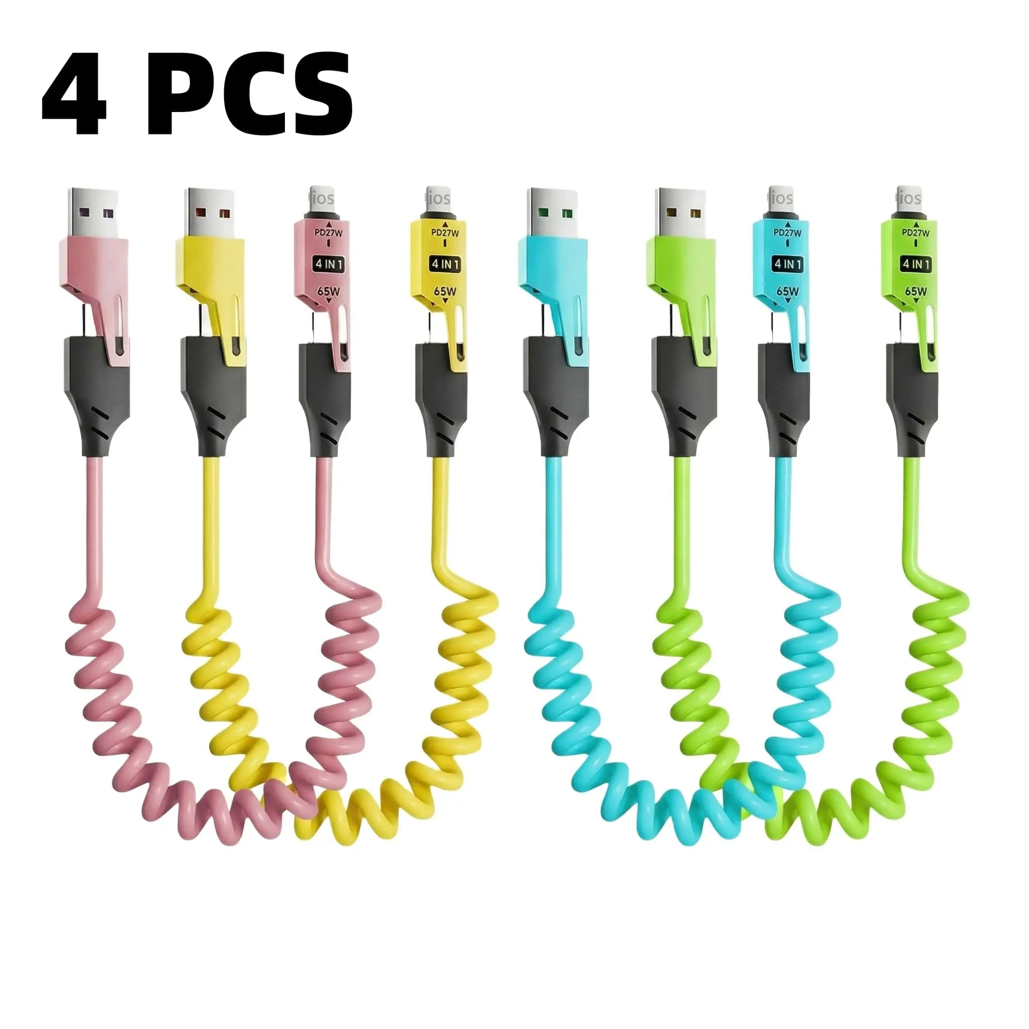 4PCS 4-in-1 Retractable Design Phone Charging Cable, Multifunctional 65W USB-A/Type-C to USB-C/Lightning PD Cable, Fast-Charging Cable for Home and Office-MM