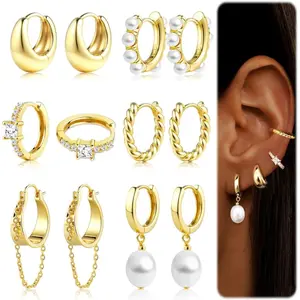 Exquisite 6 Pairs Golden Silvery Elegant Hoop Earrings for Women Trendy Chunky Copper Hoop Earrings Stack Multipack Huggie Hoops Pearl Chain Dangle Hoop Earrings Set