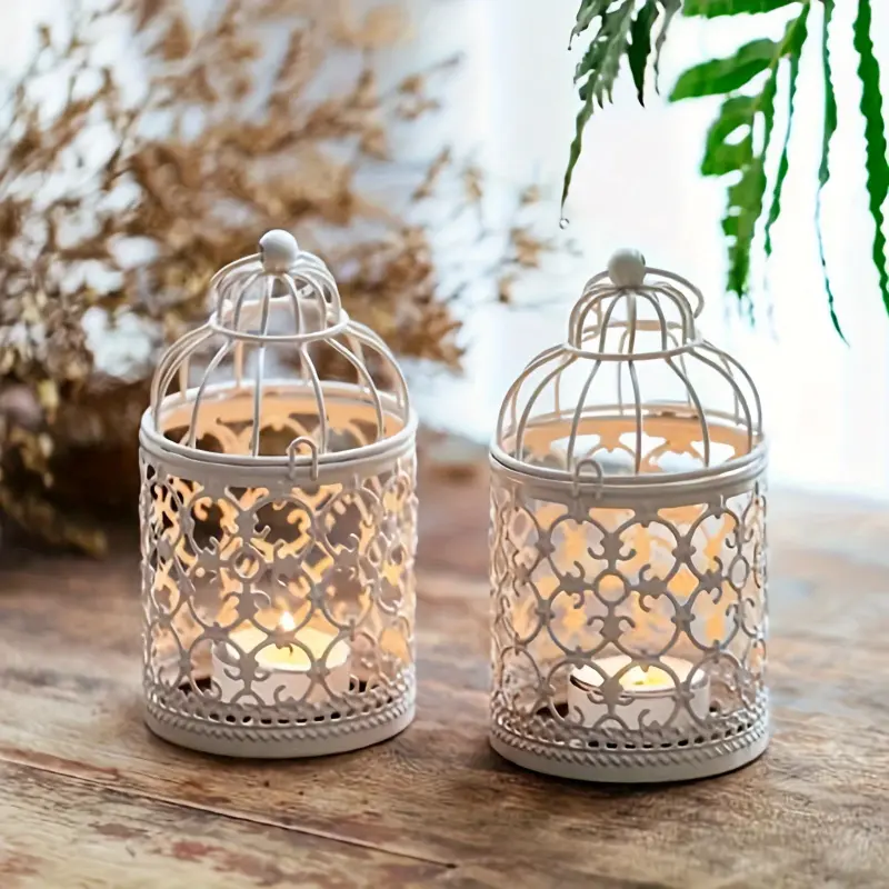 White Plastic Hollow Iron Decorative Birdcage Candle Holder, 1-Pack Home Supplies Ornamental Accent, Wedding Decor & Party Table Finishing Touch