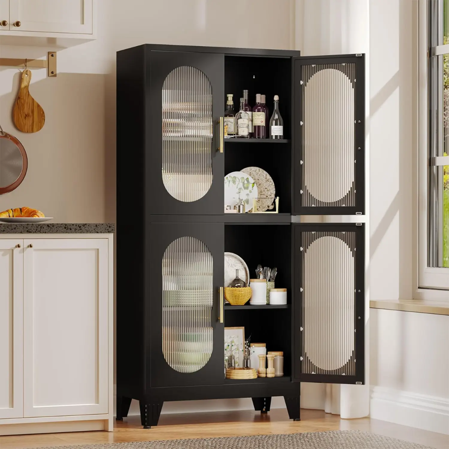 61"H Elegant Black Tall Storage Cabinet , Acrylic Glass Front Pantry with Versatile Shelving,Suitable for bedrooms, living rooms, kitchens, offices, and laundry rooms Freestanding Storage Cabinet Storage Buffet Cabinet