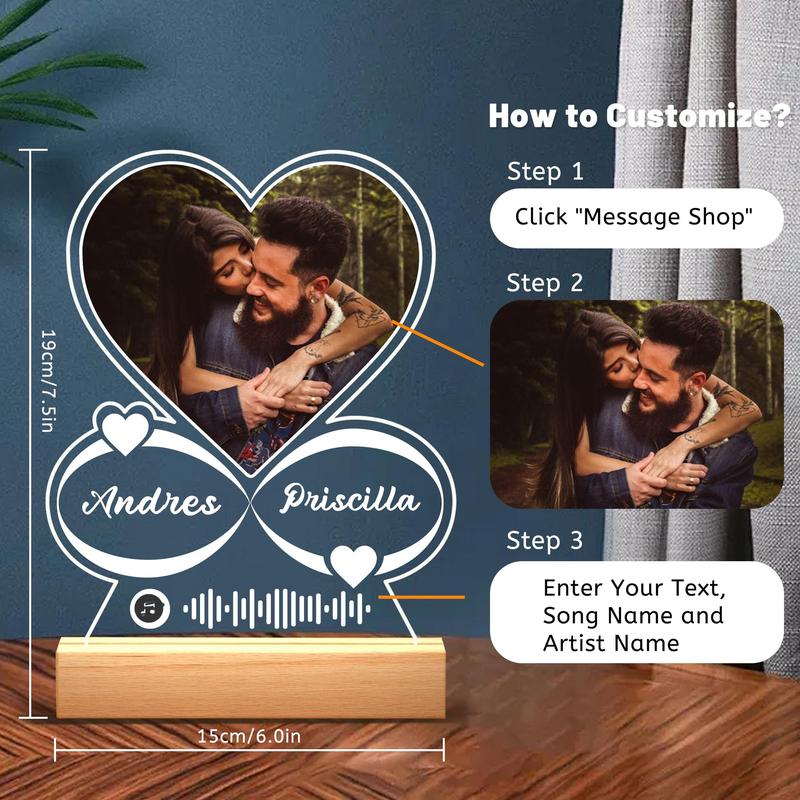 Custom Music Plaque Picture Frame with LED Night Light, Acrylic Song Plaque, Personalized Anniversary Couples Gifts for Women & Men, Unique Valentine's Day Gifts from favor photo, Turn Photo and Song into Art Pieces