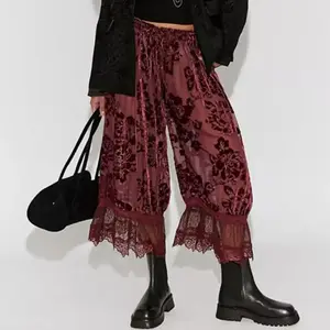 WoodBerry Women’s Lace-Trim Bloomers Lightweight Sheer Floral Burnout Casual Lantern Pants Y2K Elastic Waist with Lining to Prevent Exposure GARMENTARY