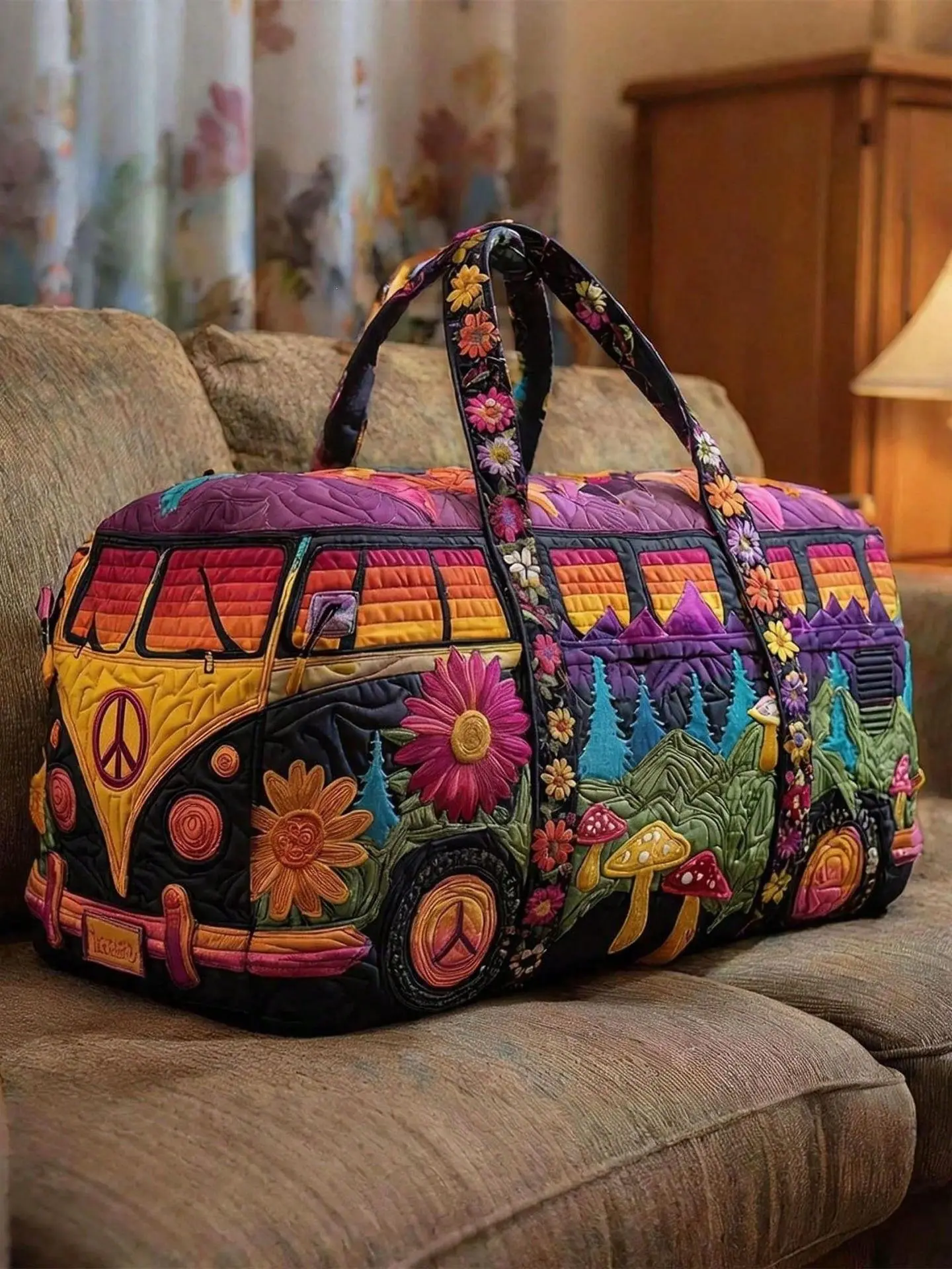 Retro Hippie Van Print Travel Duffel Bag, Peace Sign & Floral Weekender Tote, Casual Boho Vacation Carryall For Women