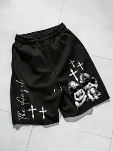 Men's Street Style Loose Shorts, Angel Statue Graphic Print, Soft Breathable Fabric, Elastic Waist, Summer Casual Wear, Casual Boho Shorts