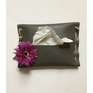 Durable Faux Leather Facial Tissue Pouch Case Holder for Home Auto Color Gray With Flower Accent Velcro Closure