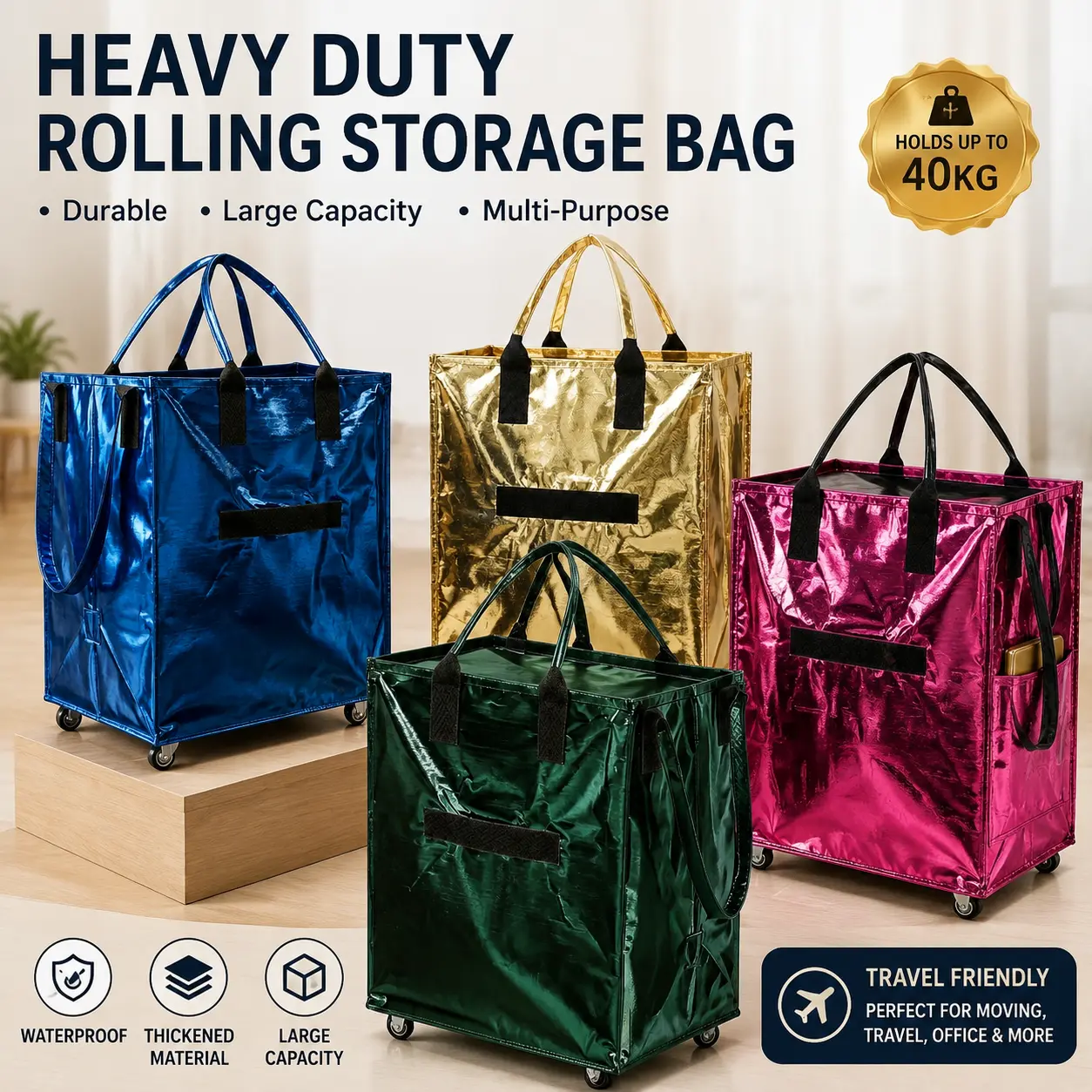 Middle and lower section adjustable handbag, Large Capacity Rolling Storage Bag with Wheels, Foldable Travel Tote Bag, Heavy Duty Collapsible Shopping Cart Bag, Portable Luggage Bag for Moving, Grocery, Laundry & Travel