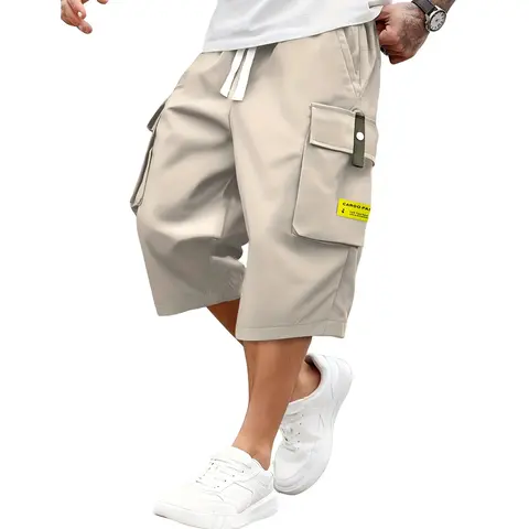 Men's Bold Colorblock Cargo Knee-Length Shorts - Loose-Fit Polyester Mensfashion Bottoms with Drawstring Waistband, Large Pockets, Letter Patches, Outdoor Ready Cargo Style with Modern Edge for Athletic & Outdoor Wear
