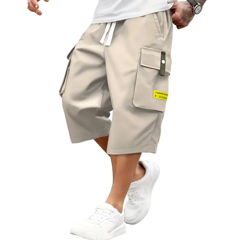 Men's Bold Colorblock Cargo Knee-Length Shorts - Loose-Fit Polyester Mensfashion Bottoms with Drawstring Waistband, Large Pockets, Letter Patches, Outdoor Ready Cargo Style with Modern Edge for Athletic & Outdoor Wear
