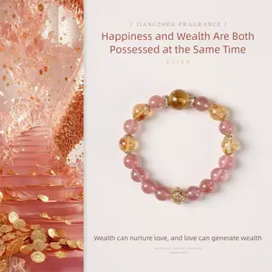 [Wealth Love Double] crystal bracelet, strawberry quartz yellow citrine, unisex, daily wear gift, natural stone gold accents, wealth love balance symbol