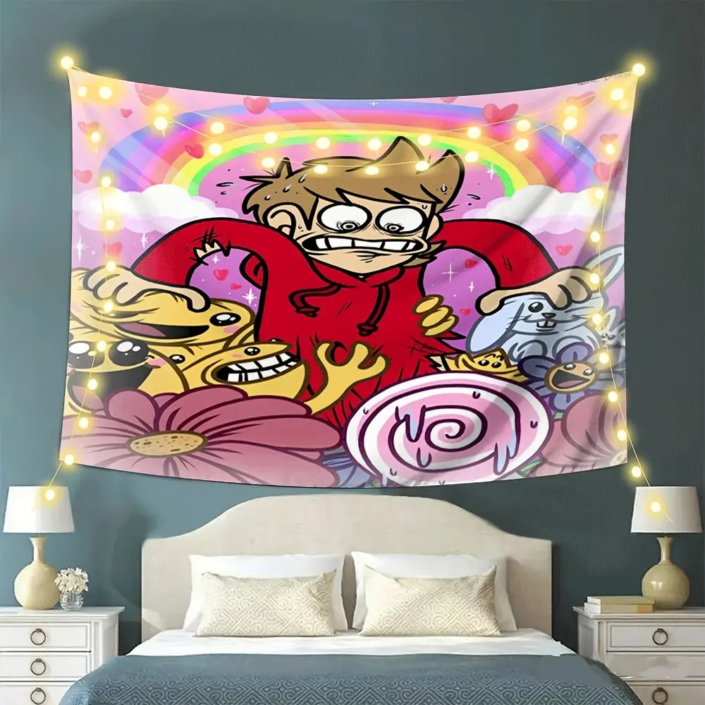 1pc Eddsworld Cartoon Wall Tapestry - Premium Peach Skin Polyester Fabric Hanging Banner with Photo Artwork, Love-Focused Home Decor for Bedroom, Ideal Gift for Family, Engagement, Thanksgiving, Father's Day Fans, Table, Bag, Independence Day