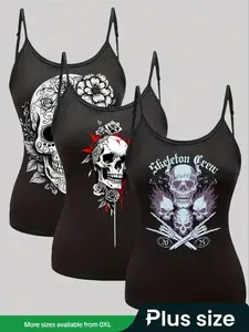 【Plus Size】 Skull & Floral Print Tank Top, Casual Sleeveless Cami Spaghetti Strap Top, Camisole Tops for Daily Wear, Women's Plus Clothing for Summer, Halloween