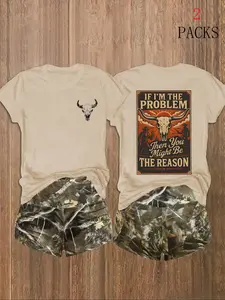 Y2K Western Sweet Cool Back-To-School Set, 'if I'm the Problem' T-Shirt + Camo Shorts, Loose Fit, Casual Style, Vintage Bull Skull Print