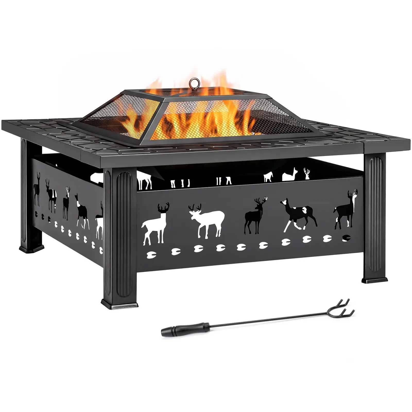 32" Square Wood Burning Fire Pit Table, Heavy Duty Wrought Iron Fire Pit with Elk Cutout, Pyramid Spark Screen Lid, Fire Poker, Weather Resistant Outdoor Fire Table for Backyard & Garden
