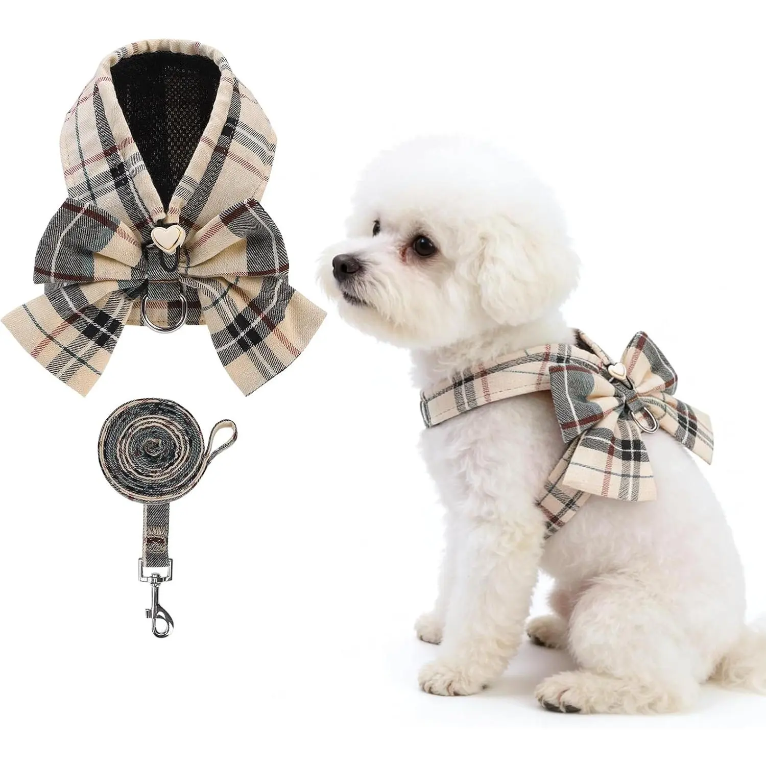 KOOLTAIL Small Dog Harness and Leash Set, Cute Puppy Vest Harnesses with Bowtie, Step in No Pull Soft Mesh Padded Adjustable Plaid Pet Harness for Extra-Samll Medium Dogs Cats, Boy Girl, XS-M, Beige S