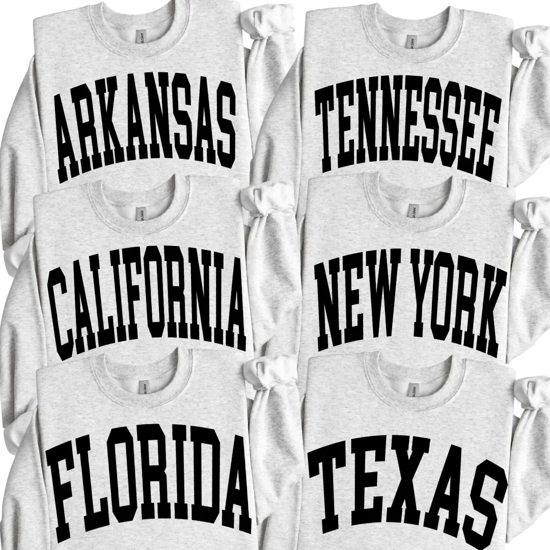 Custom State Crewneck, Unisex State Sweatshirt, Womens Sweatshirt, Preppy Varsity College Graphic