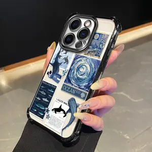 Four-corner Thickened Protective Case Compatible with iPhone 14 PRO MAX PLUS Ocean Museum Print Pattern Electroplated TPU Edge Transparent Airbag Full Coverage Protective Cover, Suitable for Girls, Shockproof Fashionable Phone Case, Electroplated Frame