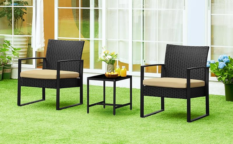 Yaheetech 3 Pieces Rattan Bistro Set, Indoor/Outdoor Wicker Patio Modern Conversation Furniture, 2 Chairs & Tempered Glass Coffee Table for Garden, Balcony, Backyard, Poolside