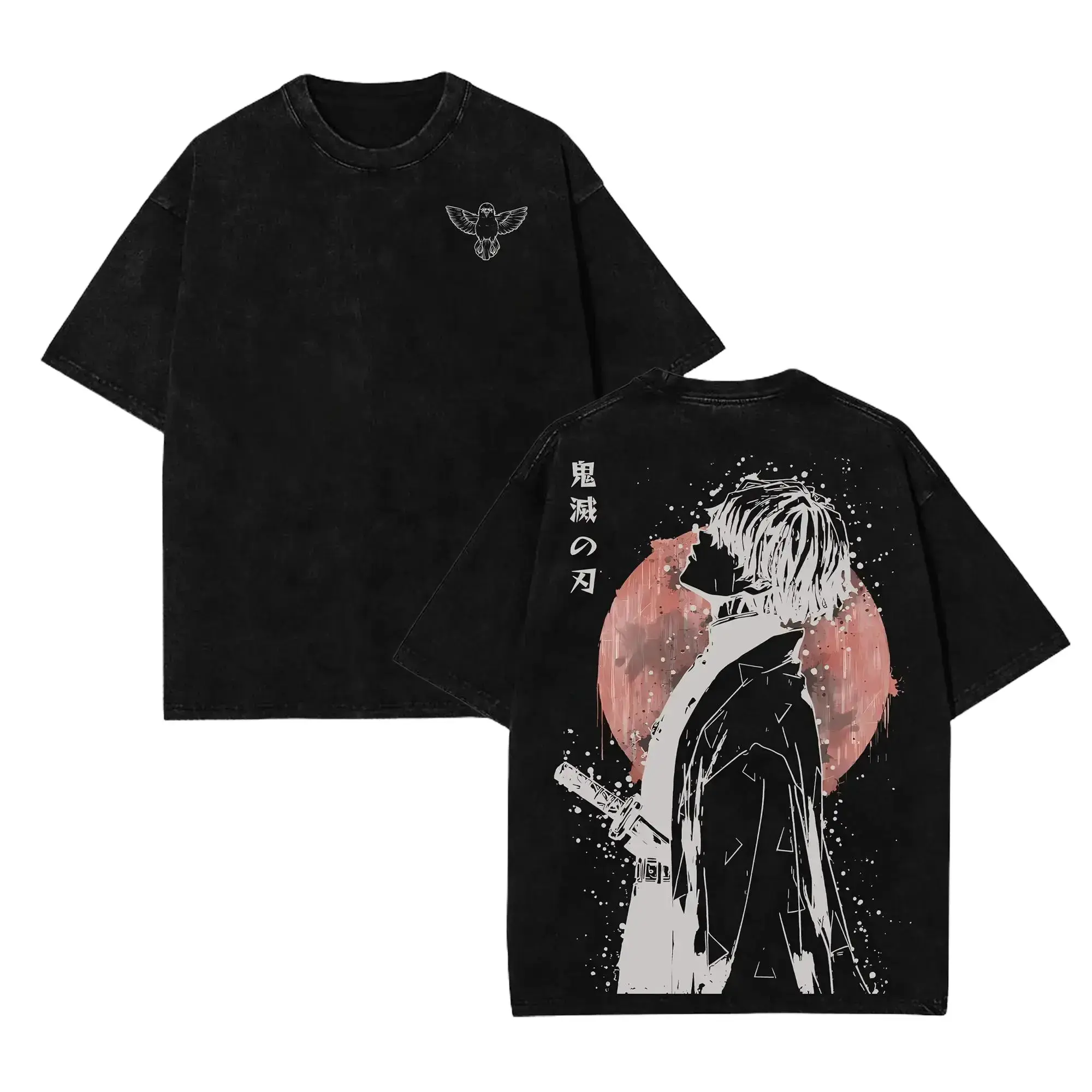 Distressed Acid Wash Black Tshirt | Demon Slayer Wind Hashira Sanemi Shinazugawa Retro Back Print Oversized Short Sleeve Top Man Streetwear Tropical Crewneck Shortsleeve Menswear