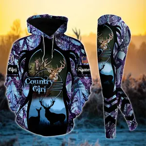 Premium Deerhorn Country Girl Personalized 3D Hoodie & Legging Set, Custom Name 3 Combo Outfit, Rustic Hunting Graphic Pullover Sweatshirt and Pants Set