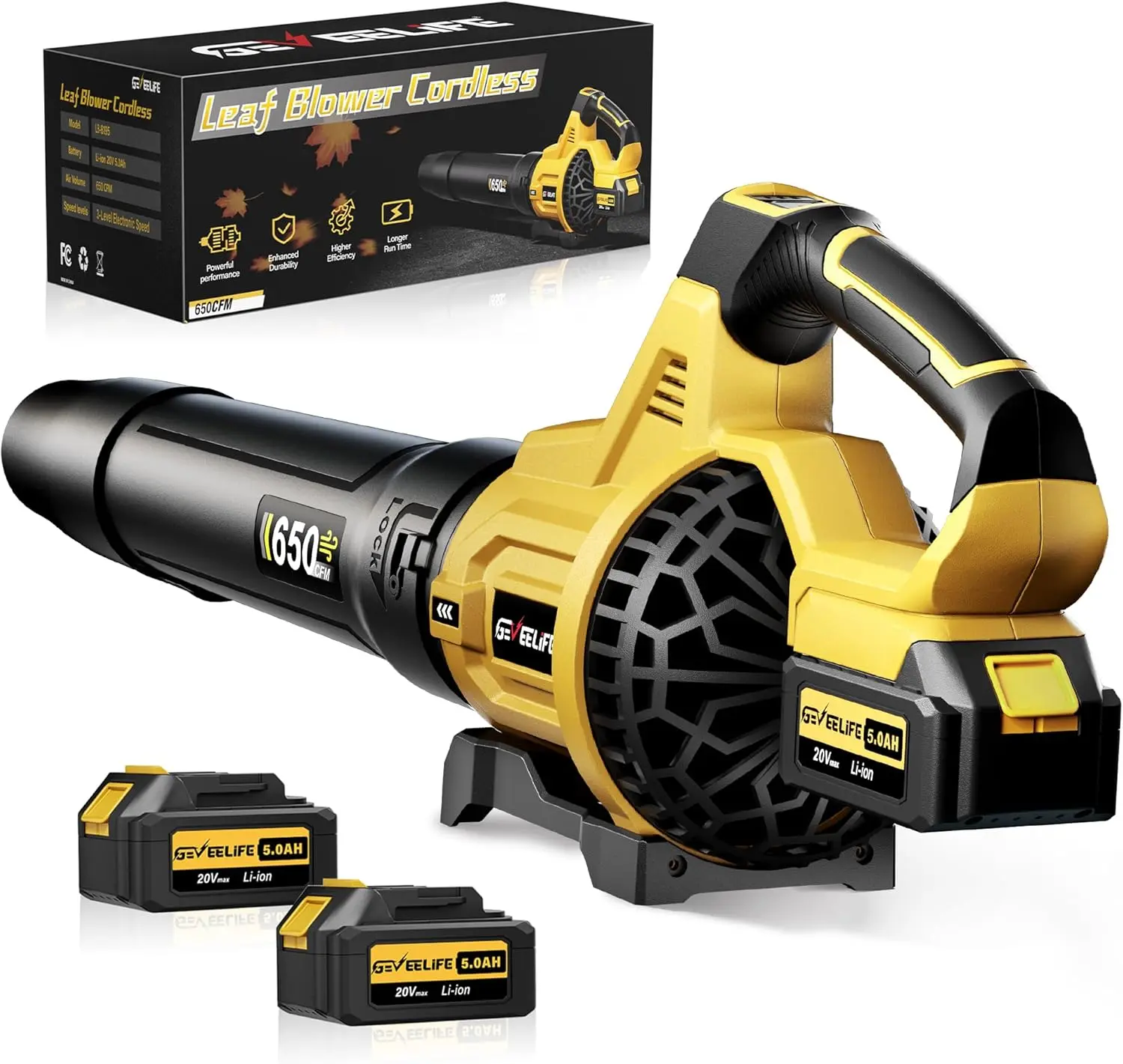 GEVEELIFE Leaf Blower Cordless, 650CFM & 3 Speed Levels, Electric Cordless Leaf Blower with 2 * 5.0Ah Battery Powered, Blowers for Lawn Care, Yard, Blowing Leaves, Dust, Snow,FathersDayGift