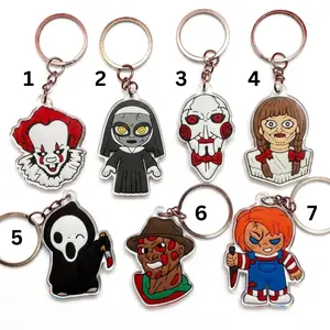 Horror Movie Character Keychain Set, Scary Anime Acrylic Keychain, Pennywise Chucky Ghostface Jigsaw Annabelle Nun Freddy Cute Chibi Halloween Gift