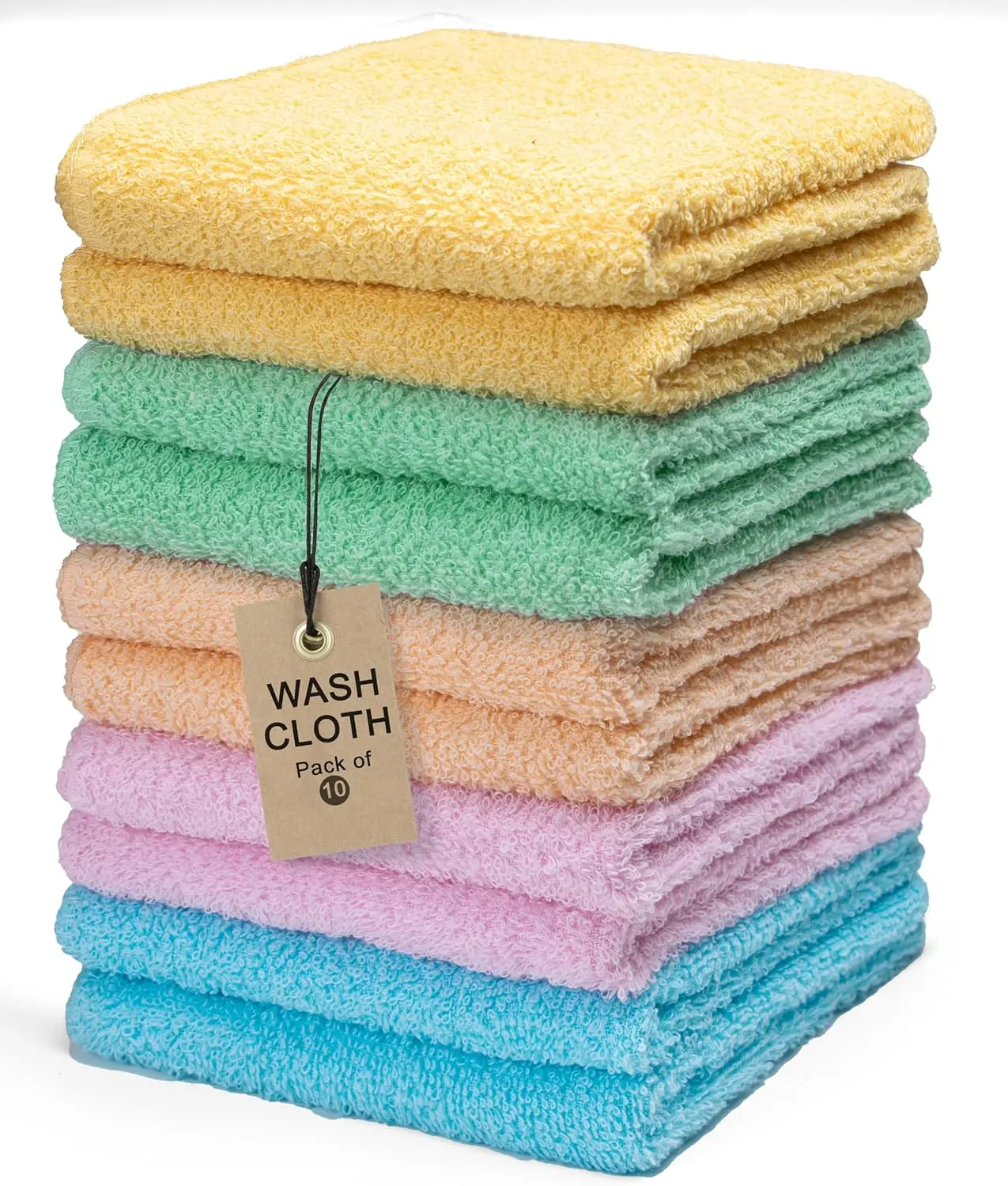 Terry Washcloths – 12x12 Inches – Pack of 10 – Multicolor – Highly Absorbent, Soft Feel and Multipurpose Cotton Wash Cloths for Everyday Use
