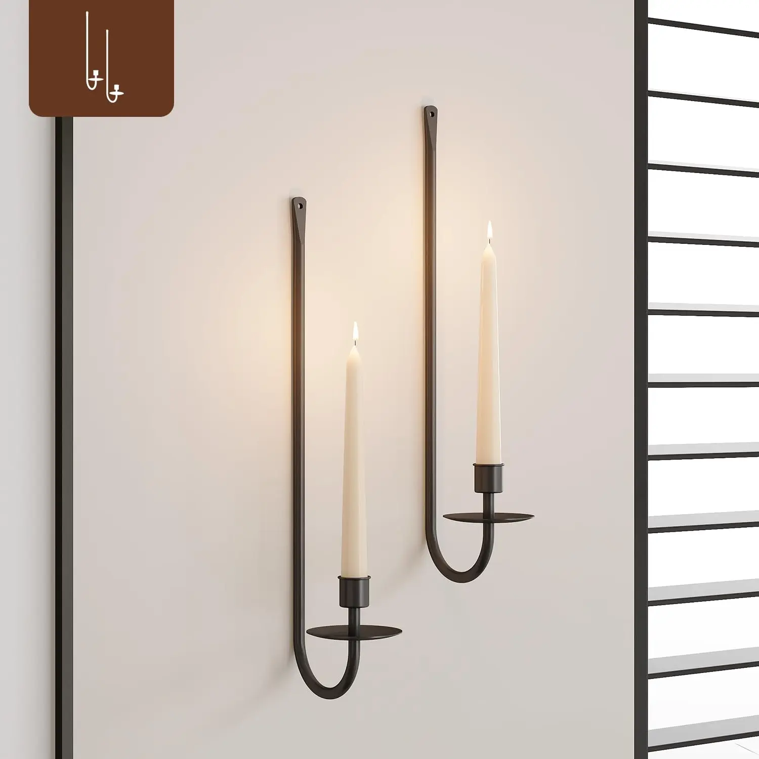 2-Piece Black Metal Wall-Mount Candle Sconces, Modern Pillar Candle Holders, Farmhouse Hanging Wall Decor for Living Room, Fireplace