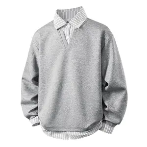Men’s Plus Size Casual Long Sleeve Polo Sweatshirt with Shirt Collar, High Street Style, Faux Two-Piece Design, New for Autumn 2026, Model 8712
