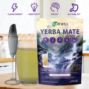 Natr Well Yerba Mate Instant Tea Powder - Peach Mango Flavor | Probiotics & Prebiotics | Chrysanthemum Leaves & Apple Fiber | Soothing & Refreshing | Gut Health Support | Clean Energy & Cognitive Enhancement | 30 Servings