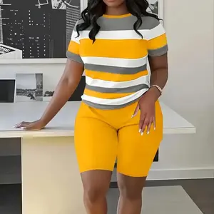Women's Plus Size Striped Two-piece Set - Casual Round Neck T-shirt And Shorts Set, Stretchy Polyester Blend, Machine Washable, Suitable for Spring/summer Casual Wear, Mother's Day, And June. The Perfect Choice for Independence Day Fabric Womenswear