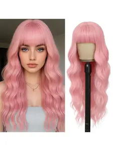Long Pink Wigs with Bangs 26Inch Light Pink Wavy Curly Hair for Women Tangle Free Soft Natural Looking Premium Heat Resistant Protein Fiber Daily Party Use