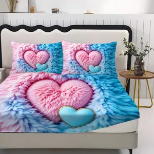 Cute 3D Fuzzy Heart Bedding Set, 3pcs No Filling Bed Sheet & Pillowcase, 4 Season Universal, Premium Fabric for Comfort Sleep