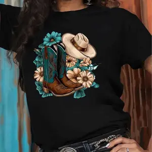 Western Cowboy Boots & Hat Floral Design T-Shirt Women's Graphic Tee Soft Comfortable Crew Neck Casual Unisex Vintage Apparel Bottom Tshirt Cotton Womenswear  shirts women Fit Top Streetwear Summer vintage  graphic  tees Breathable Customized