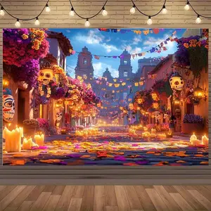 1pc 2D Flat Vibrant Day of the Dead Themed Backdrop with Colorful Marigolds, Candles & Festive Banners - Polyester, No Power Needed - Perfect for Birthday Parties, Outdoor Celebrations & Festiv White