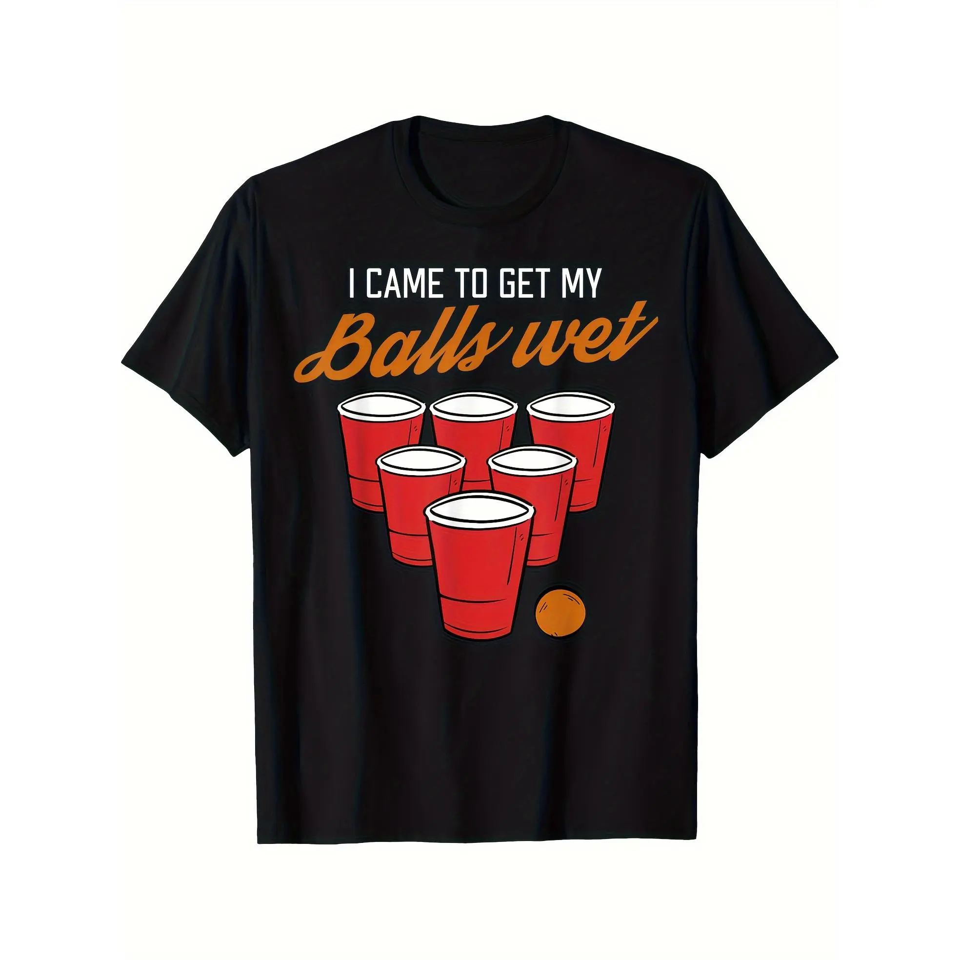 Men's Black Graphic Short-Sleeve Basic Round Neck Menswear T-Shirt - Comfortable, Breathable, Casual Daily Wear, Funny Balls Wet Beer Pong Frat Gift - Made in USA, Graphics, Shortsleeve, Cotton, Top, Digital Print, Tops, Funny Graphic Tee