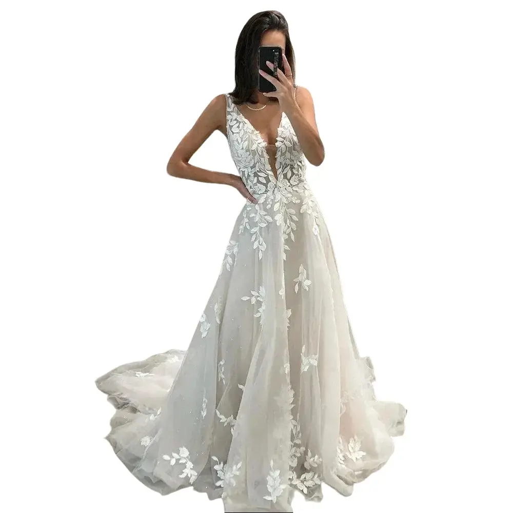 Novia Women's 2025 Bohemian Sexy Max Tulle Wedding Dress - Deep V-Neck, Sleeveless, A-Line Cut, Tulle Lace, Plain-Patterned, Below Ankle, Multi-Size All-Season Bride Attire, Lace Styles, Wedding Dresses, Elegant Dresses