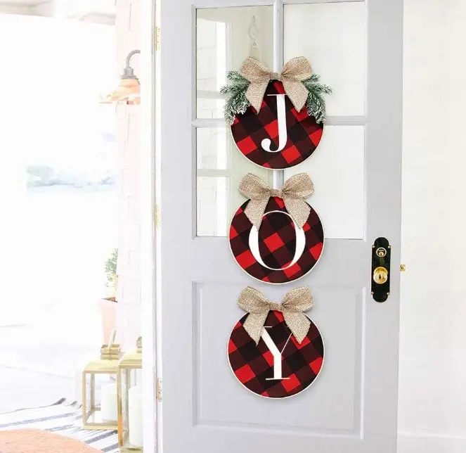 Christmas Decorations - Joy Sign - Buffalo Check Plaid Wreath for Front Door - Rustic Burlap Wooden Holiday Decor for Home Window Wall Farmhouse Indoor Outdoor